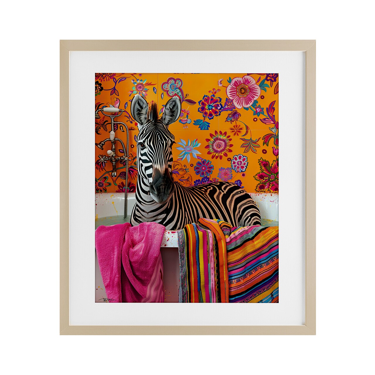 Stupell Industries Zebra Bath with Colorful Towel Framed Print Under Glass, design by Momart